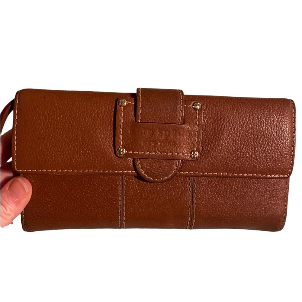 KATE SPADE Brown Leather Trifold Wallet with Brown Leather & Red Fabric Interior
